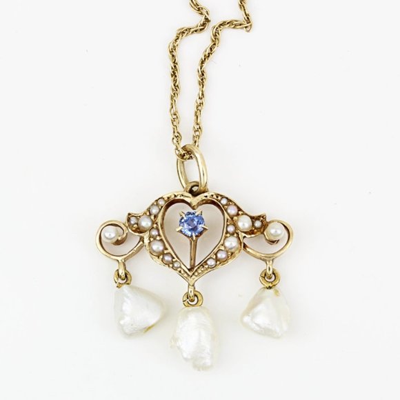 Antique Edwardian 14k Gold Sapphire + Pearl Heart Pendant Necklace (c.1900) - Picture 8 of 9